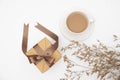 Top view Gift box and a cup of coffee on white background Royalty Free Stock Photo