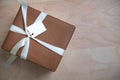 Top view of Gift Box on wood talbe with blank card Royalty Free Stock Photo