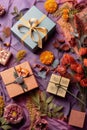 top view of gift boxes, flowers, and international womens day tag