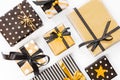 Top view of gift boxes in various black, white and golden designs. Flat lay. A concept of Christmas, New Year, birthday celebratio Royalty Free Stock Photo