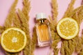 Top view glass bottle of natural perfume , dried fluffy reeds and citrus slices on a pastel pink background