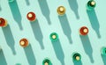 Top view of glass bottles with metal caps standing on turquoise blue background Royalty Free Stock Photo