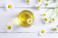 Top view of a glass cup of chamomile tea and chamomile flowers. Royalty Free Stock Photo