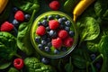 top view of glass with green smoothie cocktail with berries, bananas on basil background, Generative AI