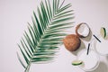 top view of glasses with coconut cocktails, lime and drinking straws, green palm leaves and exotic coconuts