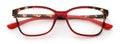 Top view glasses isolated on white background, red plastic female spectacle with leopard-print temples