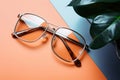 Top view glasses with a thin metal frame on a blue and orange creative background and a green plant out of focus