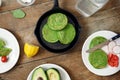 Top view gluten free spinach pancakes vegetables Healthy breakfast