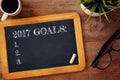 Top view 2017 goals list written on blackboard Royalty Free Stock Photo