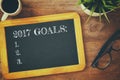 Top view 2017 goals list written on blackboard Royalty Free Stock Photo