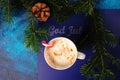 Top view of God Jul Christmas greeting on a blue blackboard partially covered in pine twigs Royalty Free Stock Photo
