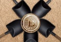 Top view gold bitcoins crypto coin over black shovel mining on g