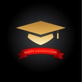 Top view of Gold Graduation hat with laurel and a red ribbon