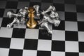 Top view gold king chess with silver chess pawns pieces on chess board game competition Royalty Free Stock Photo