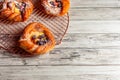 Top view of golden chese danish pasties with blackberries and powder sugar Royalty Free Stock Photo