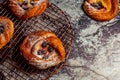 Top view of golden chese danish pasties with blackberries and powder sugar Royalty Free Stock Photo