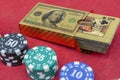 Top view of golden 100 dollar playing cards next to stacks of chips on red felt table Royalty Free Stock Photo