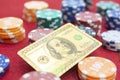 Top view of golden 100 dollar playing cards next to stacks of chips on red felt table Royalty Free Stock Photo