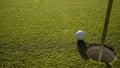 Top view of a golf ball on green course at hole. Golf ball and golf club on green in the evening golf course with sunshine Royalty Free Stock Photo