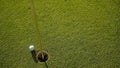 Top view of a golf ball on green course at hole. Golf ball and golf club on green in the evening golf course with sunshine Royalty Free Stock Photo