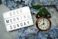 Good Morning Sunday word in light box with  alarm clock and Flowers Decoration Royalty Free Stock Photo