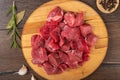 Top view of goulash - pieces of beef or lamb meat on a cutting board Royalty Free Stock Photo