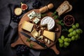 Top view of a gourmet cheese platter with a delicious assortment of French Camembert, Brie and Italian Parmesan with fresh fruit, Royalty Free Stock Photo