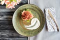 top view of gourmet prosciutto on plate, flowers and fork with knife Royalty Free Stock Photo