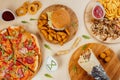 Top view of a gourmet restaurant table with delicious fast foods