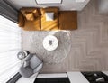 Top view of Graceful living interior, Yellow sofa, Coffee table on the Puff, Armchair, 3D rendering