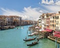Top view of the Grand Canal and gondolas with tourists, Venice