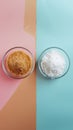 Top view of granulated sugar in glass bowls on colorful background, panoramic shot