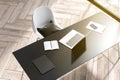 Top view of gray office desktop with devices and other items. Wooden flooring background. Royalty Free Stock Photo