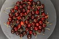 Top view gray plate with ripe sweet red cherry. Homemade organic cherries. Seasonal berries