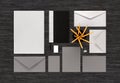 Top view of gray and silver color branding business mock-up on b