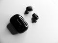 Top view grayscale of wireless earbuds with a black powerbank on a white background