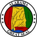 Top view of Great Seal of US Federal State of Alabama. United States of America patriot and travel concept. Plane design, layout