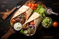 Top view Greek gyros wrapped in pita, surrounded by veggies and sauce