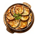top view of Greek moussaka with layers of eggplant, potatoes, ground meat (usually beef or lamb), and bÃ©chamel