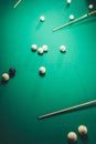 top view of green billiard table with russian pool balls