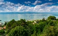 Top view of the green coast and the port of Thonon les Bains. Royalty Free Stock Photo