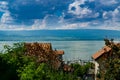 Top view of the green coast and the port of Thonon les Bains. Royalty Free Stock Photo