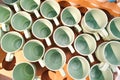 Top view of green cups a lot. Store warehouse