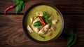 Top view of Green curry chicken on the wooden floor background. Thai food. Generative Ai Royalty Free Stock Photo