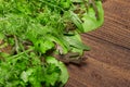 Top view of green dill, parsley, salad, herbs and other greens on a dark wooden background, concept of fresh vegetables and Royalty Free Stock Photo