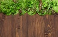 Top view of green dill, parsley, salad, herbs and other greens on a dark wooden background, concept of fresh vegetables and Royalty Free Stock Photo