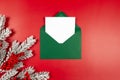 Top view of green envelope, white card, red berries, fir tree branches on red background. Royalty Free Stock Photo