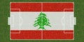 Top view of Green grass soccer field with flag of Lebanon. football background. 3d illustration