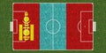 Top view of Green grass soccer field with flag of Mongolia. football background. 3d illustration