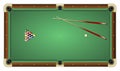 Top View Of A Green Pool Table With Balls And Cues